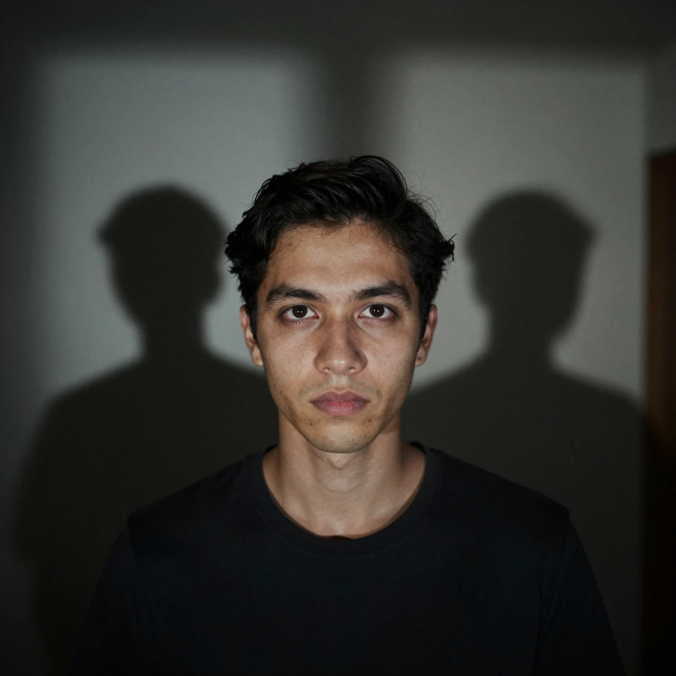 Figura em sala pouco iluminada encarando diretamente o observador