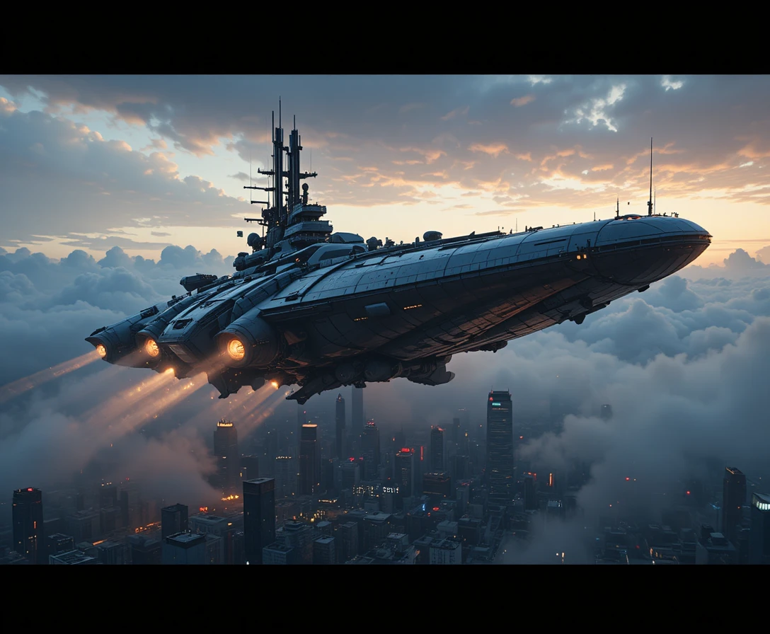 Futuristisches Kriegsschiff, das in der Abenddämmerung über einer dichten Stadt schwebt