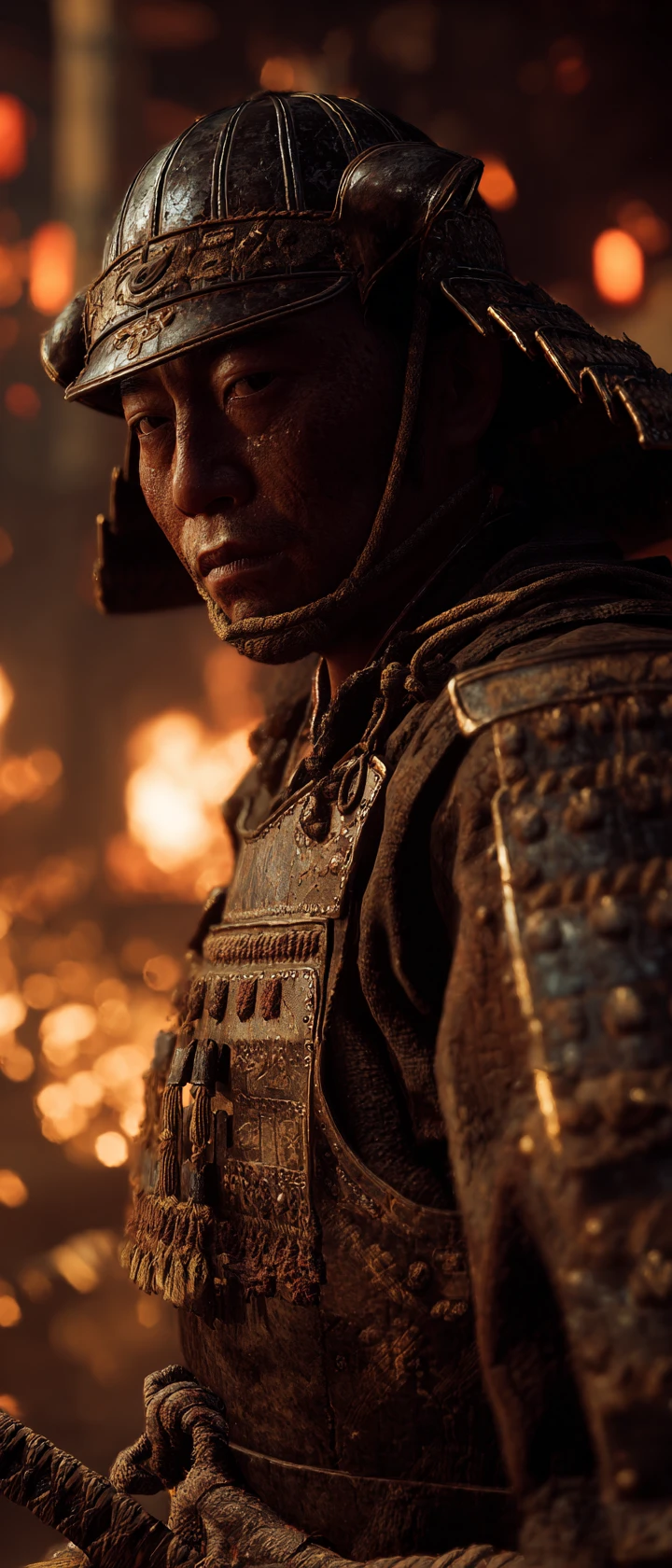 Samurai envelhecido em armadura em close dramático e esfumaçado