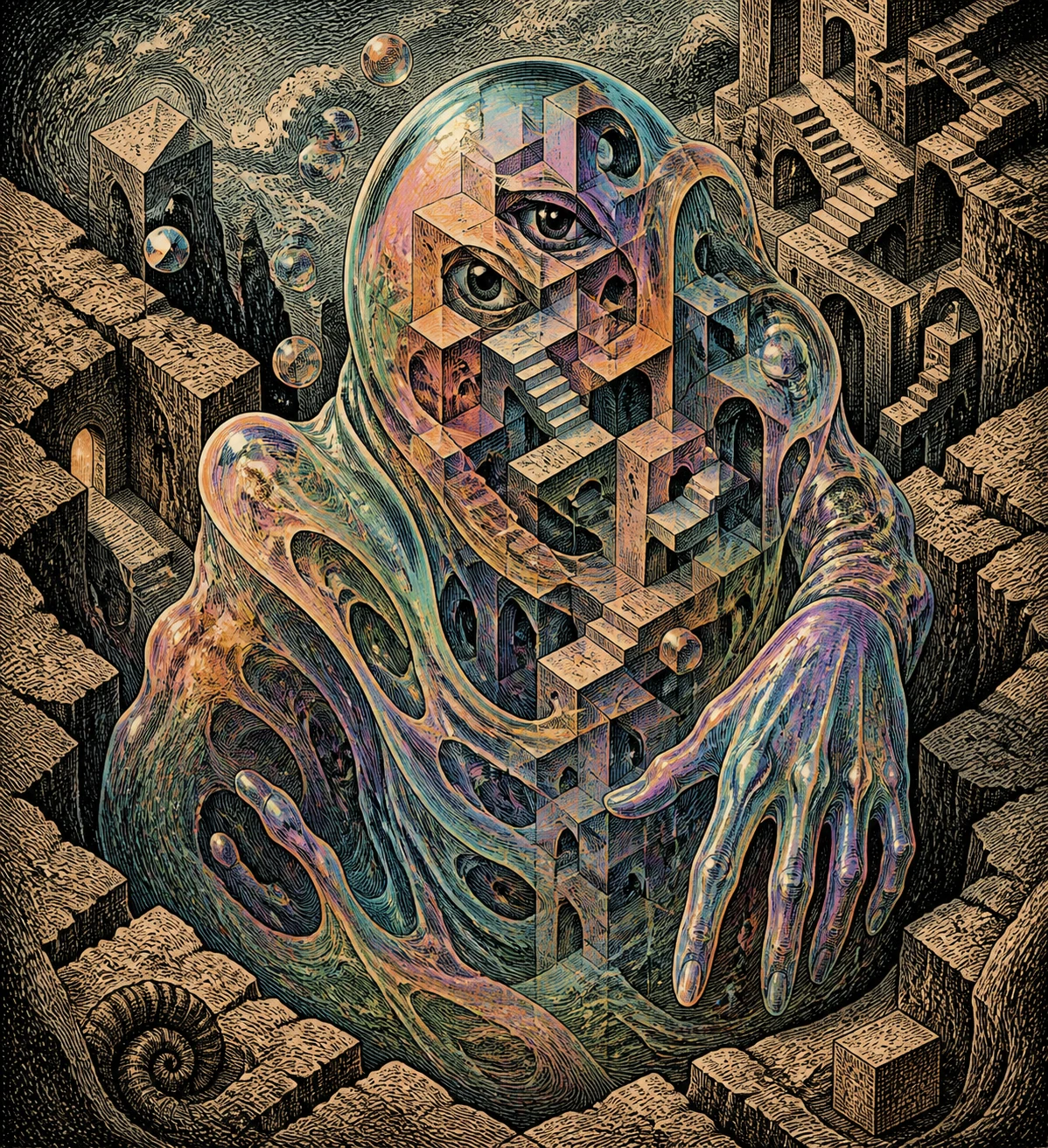 Entidade gelatinosa surreal surgindo de uma terra fragmentada