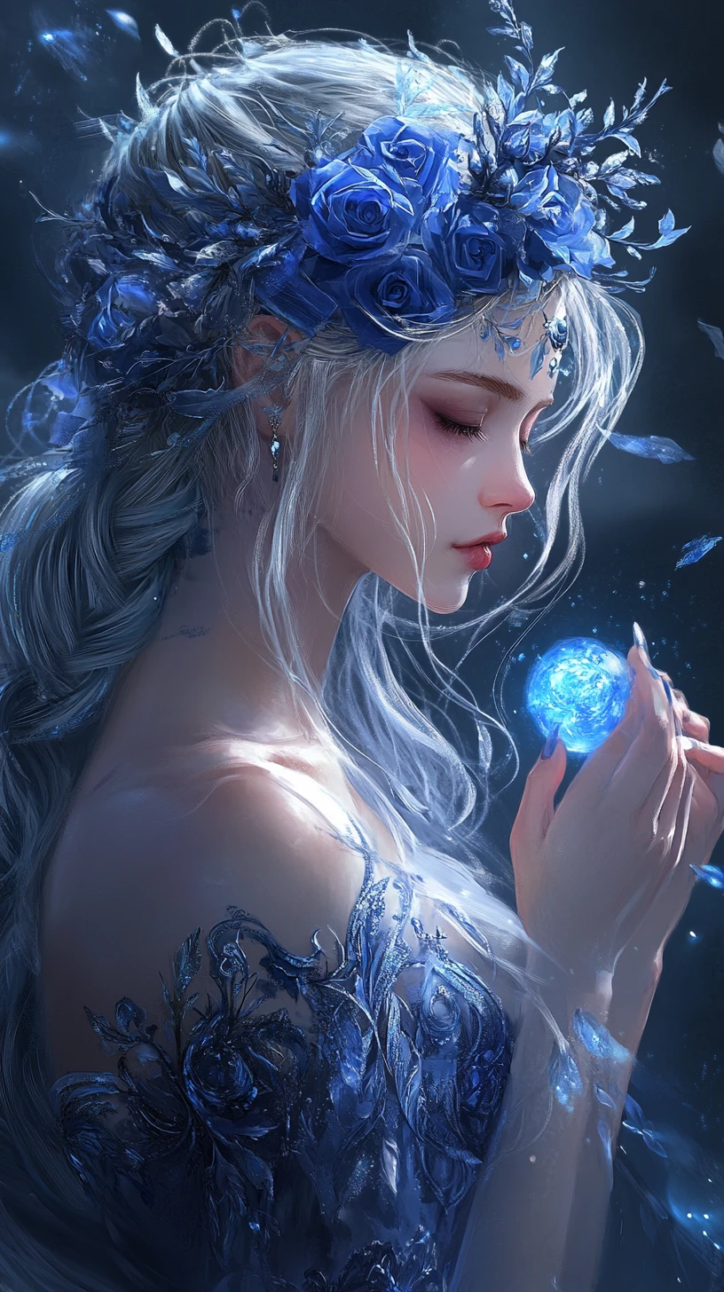 Regal silver haired fantasy goddess with glowing blue aura