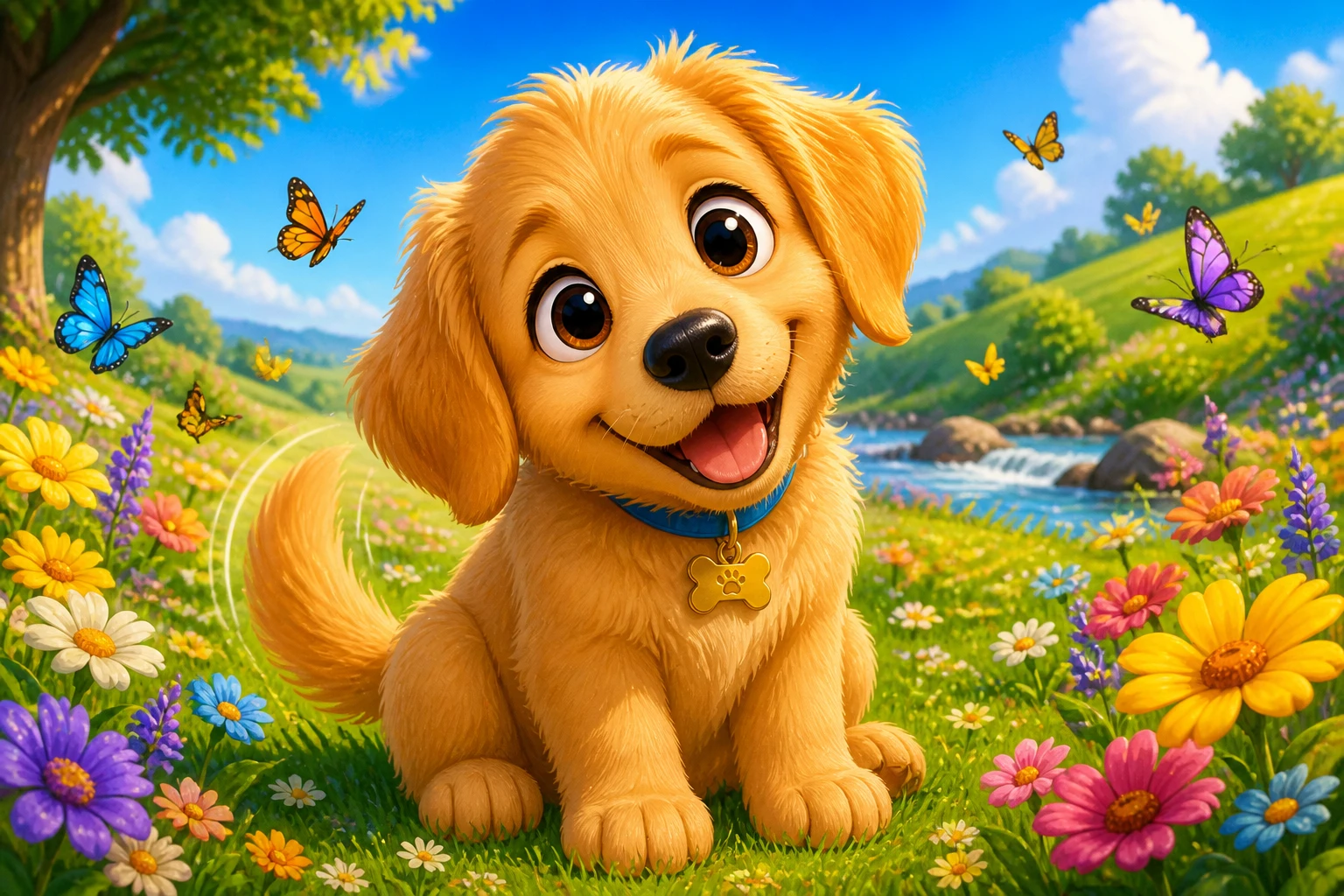 Filhote fofo de golden retriever em um prado florido e colorido