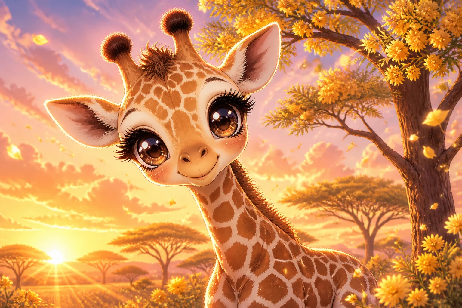 Adorável filhote de girafa em estilo anime ao lado de acácias no pôr do sol