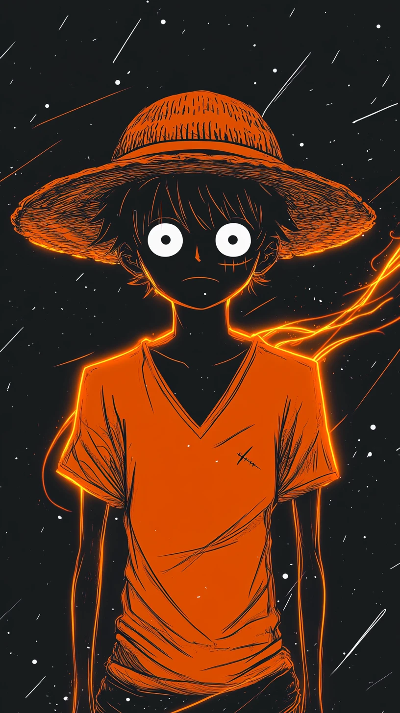 Espadachim de anime neon com chapéu de palha na escuridão cósmica