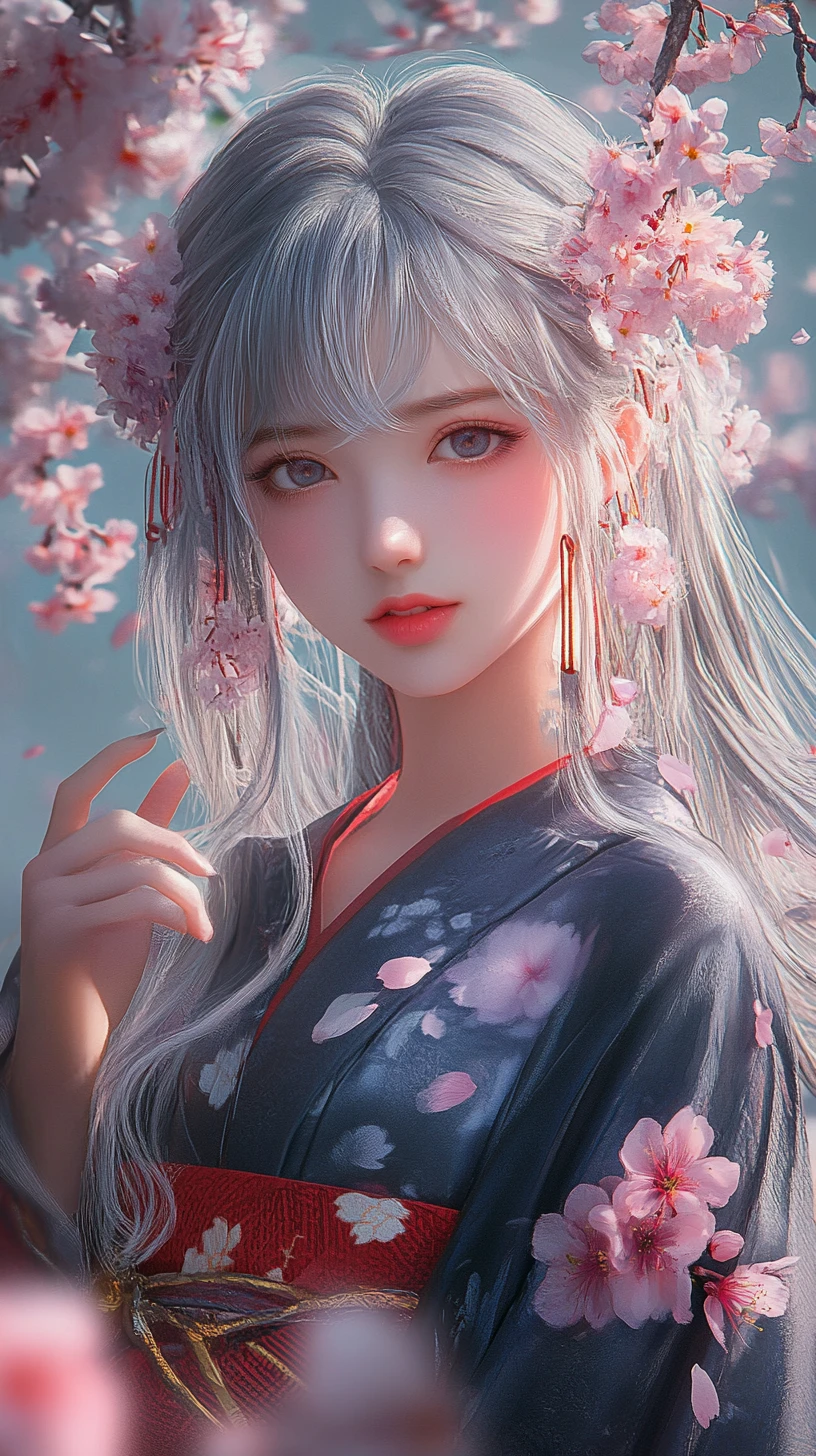 Silver haired anime girl in floral kimono under cherry blossoms