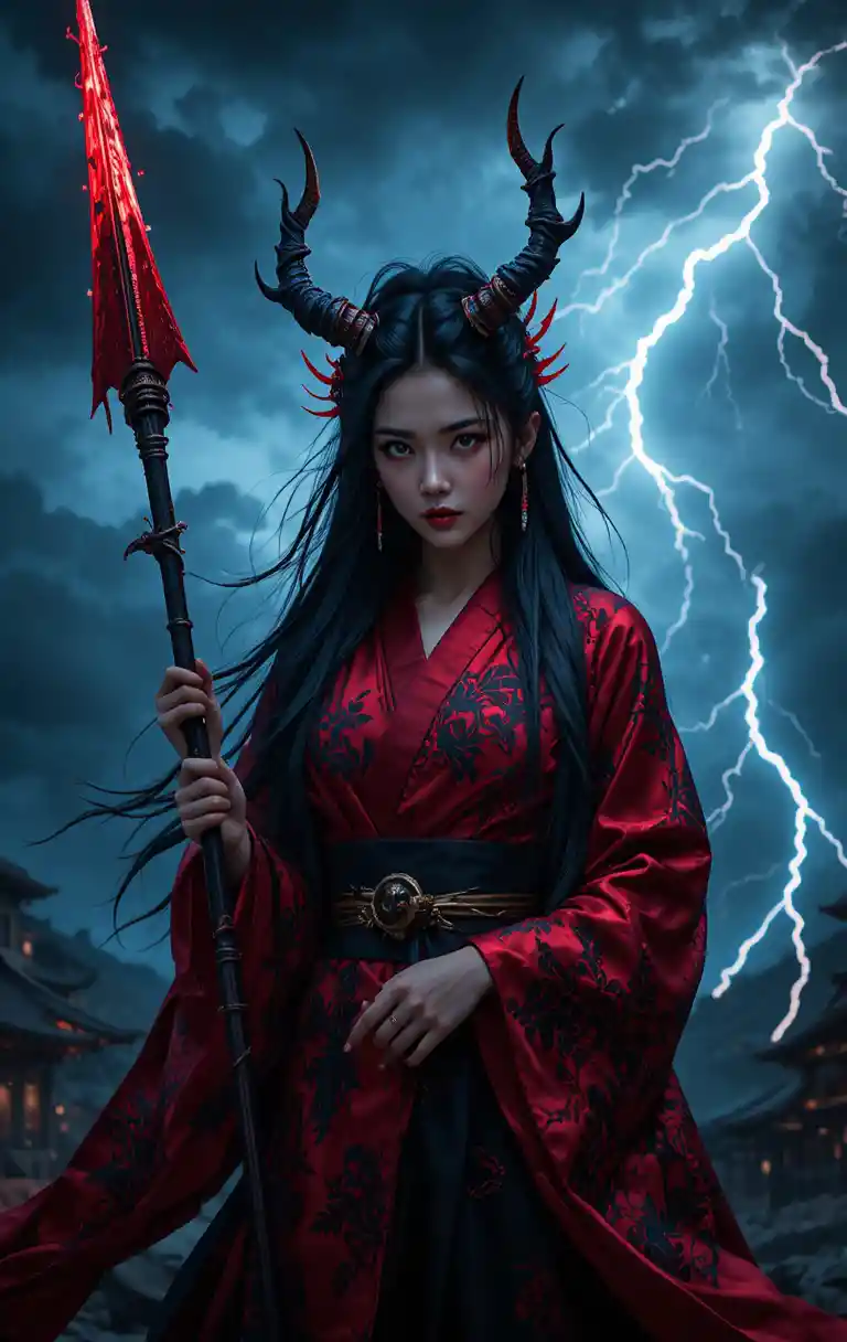 荒れ狂う雷空の下に立つ鬼の女戦士と着物