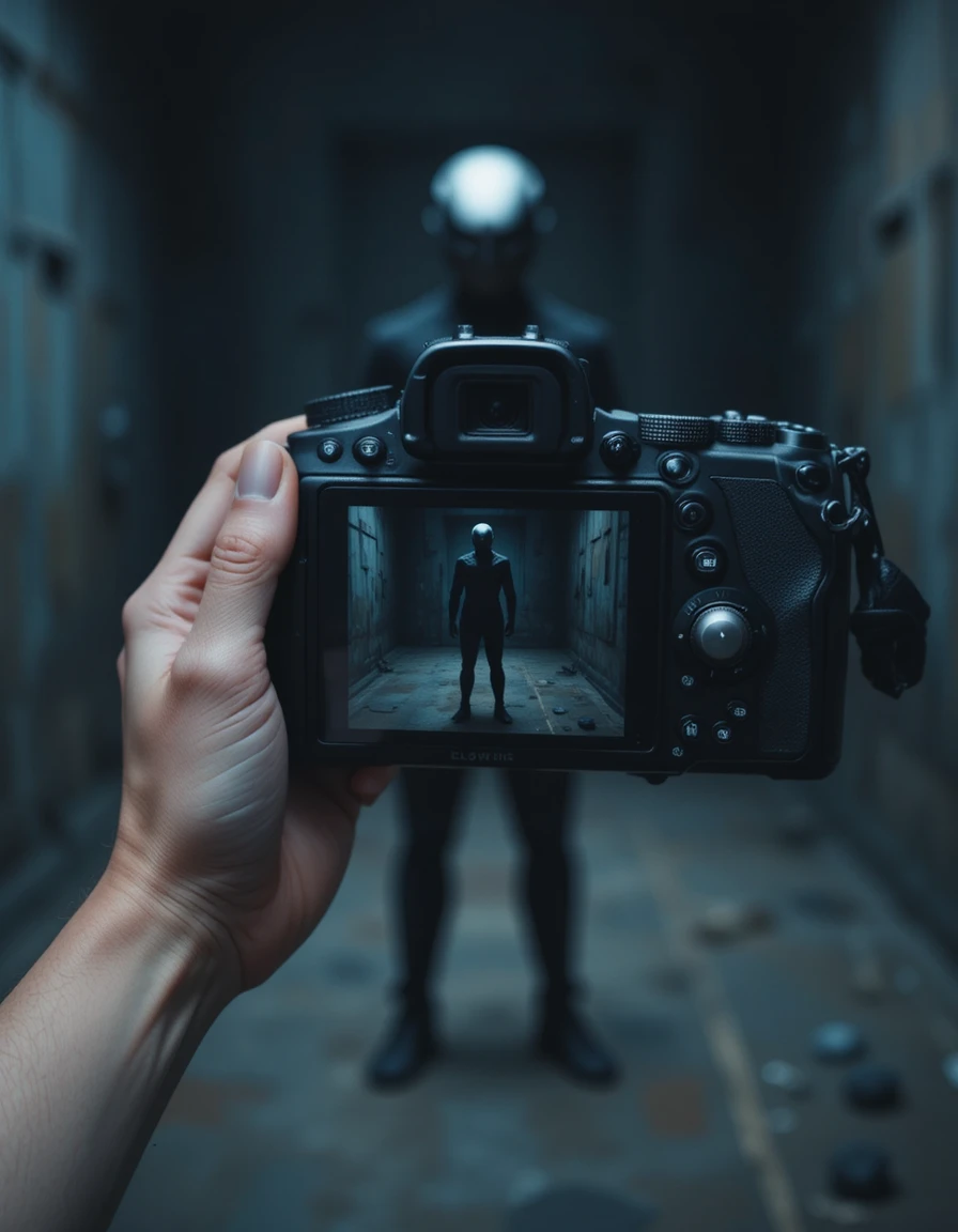 Pessoa fotografando uma figura sombria revelada na tela da câmera