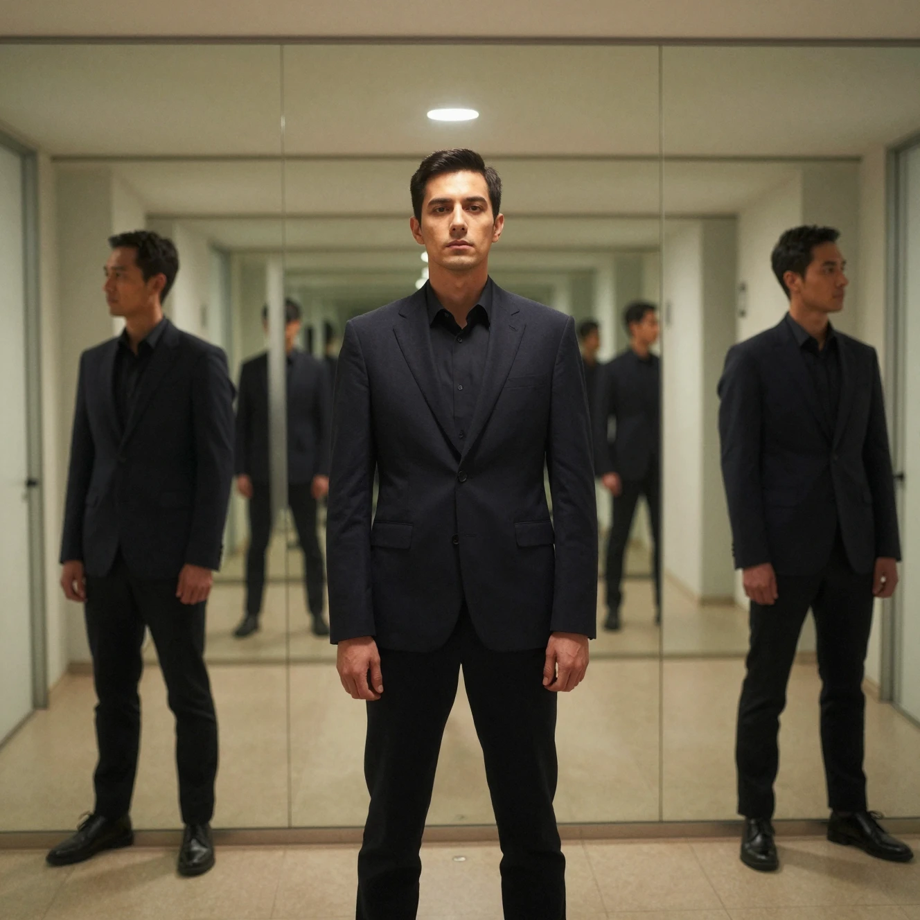 Couloir infini de miroirs avec une silhouette menaçante derrière