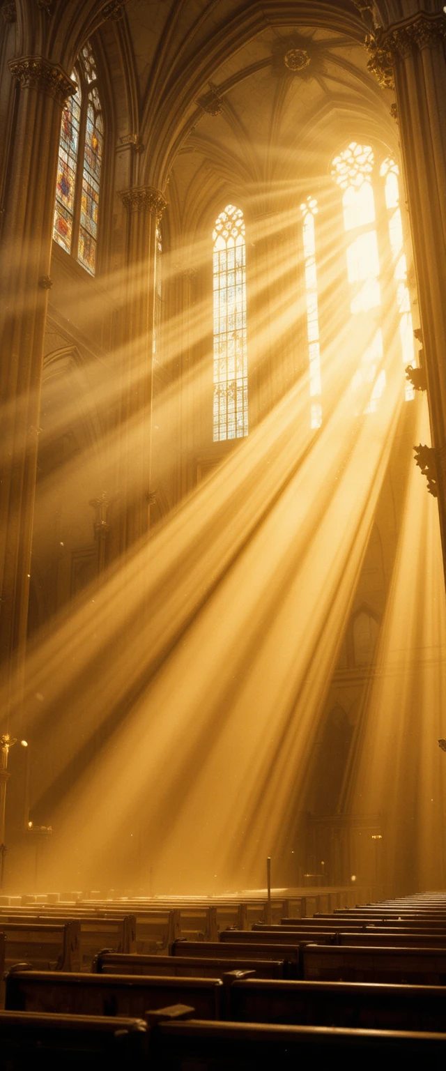 Luce dorata che filtra dalle finestre nebbiose di una cattedrale