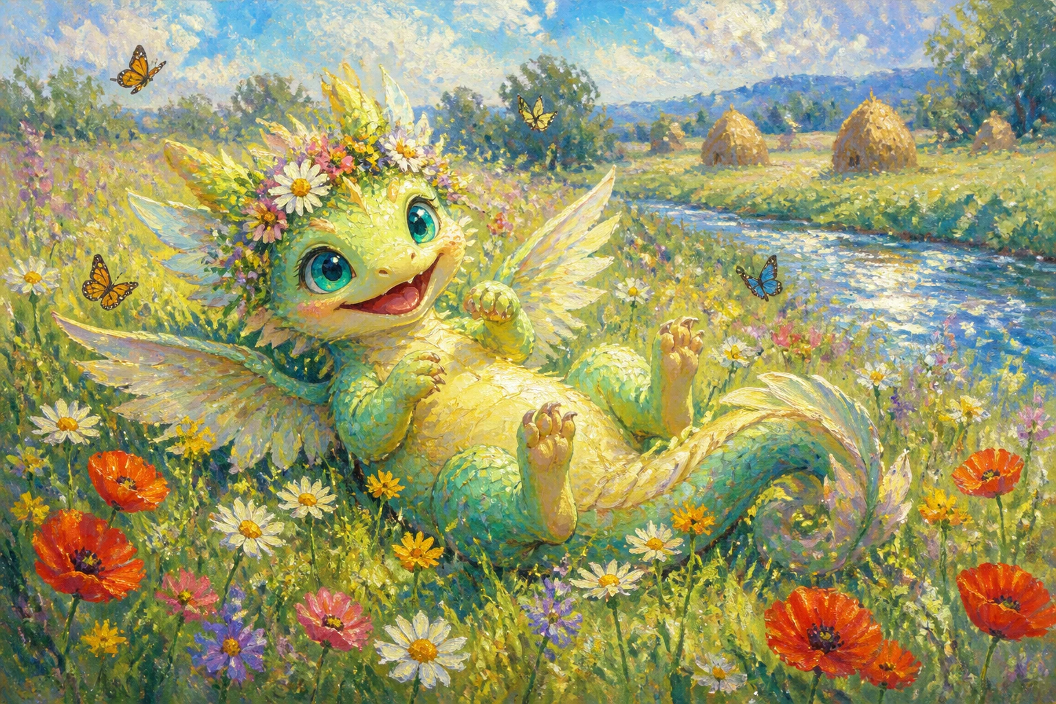 Adorable dragon chibi jouant dans un pré fleuri ensoleillé