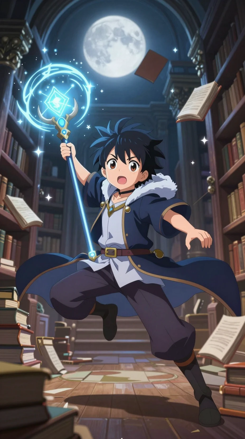 Young mage summoning a constellation dragon in moonlit library