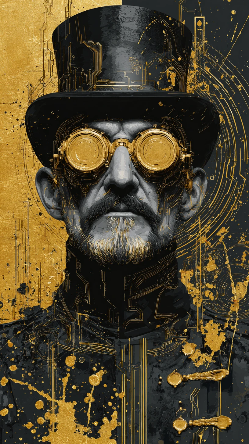 Hombre de barba dorada con gafas steampunk ante fondo dividido en dorado y negro
