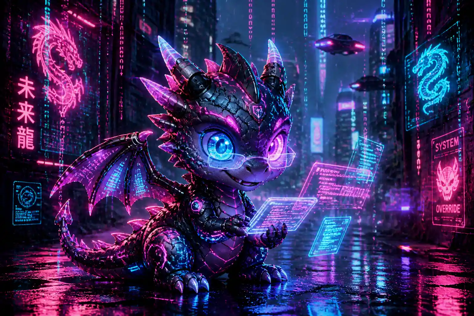Adorable dragon cyberpunk dans une ruelle pluvieuse éclairée au néon