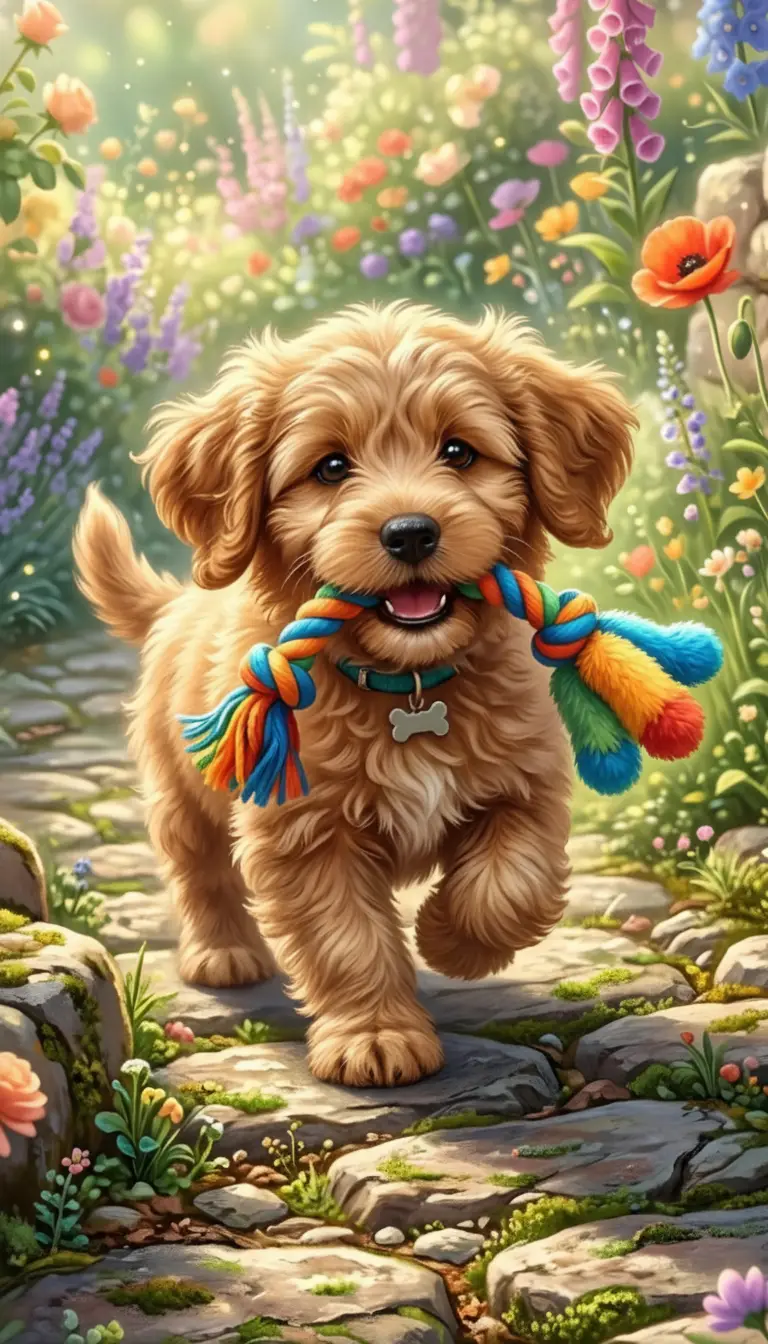 明るい庭の小道でおもちゃをくわえて歩く遊び好きな子犬