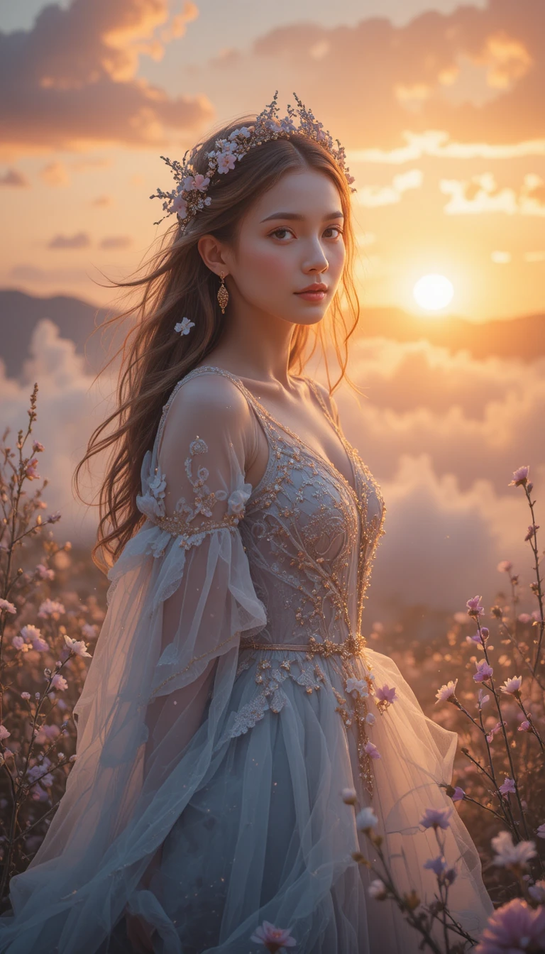 Jeune fille éthérée dans un rêve de coucher de soleil doré