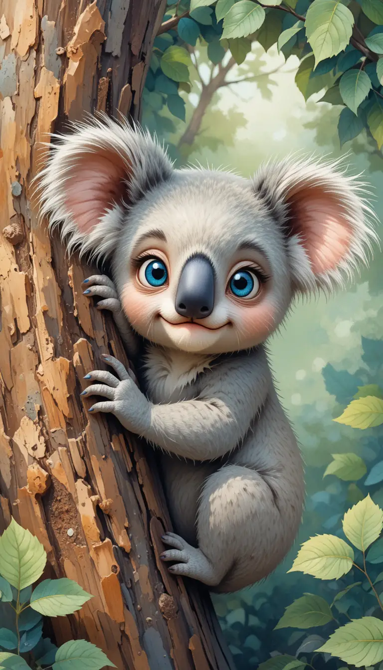 Cute koala peeking from eucalyptus tree in soft watercolor style
