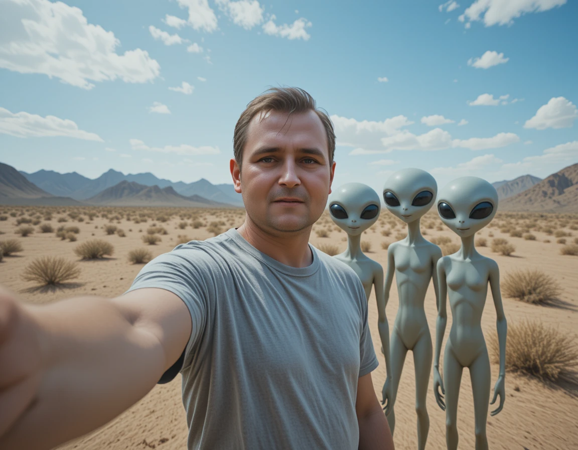 砂漠でフレンドリーな宇宙人と自撮りする男性