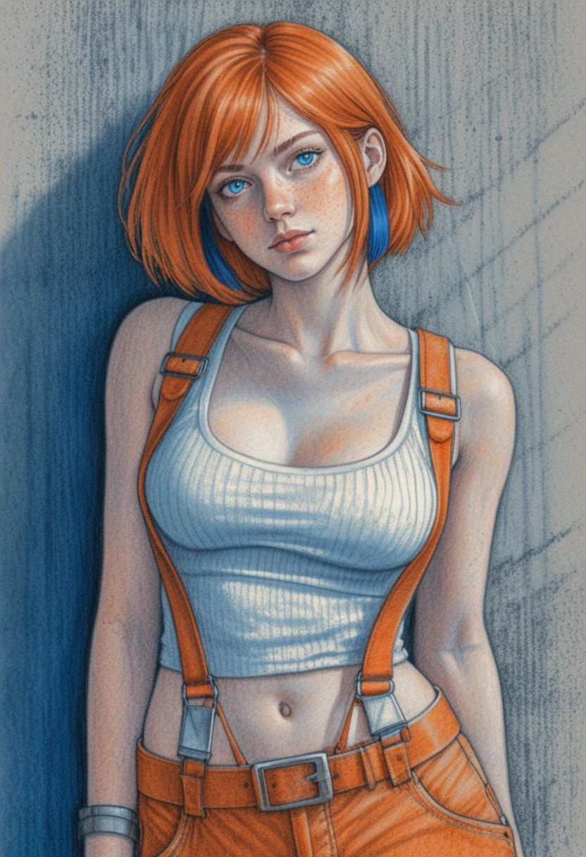 Garota de anime com equipamento laranja encostada em parede de concreto