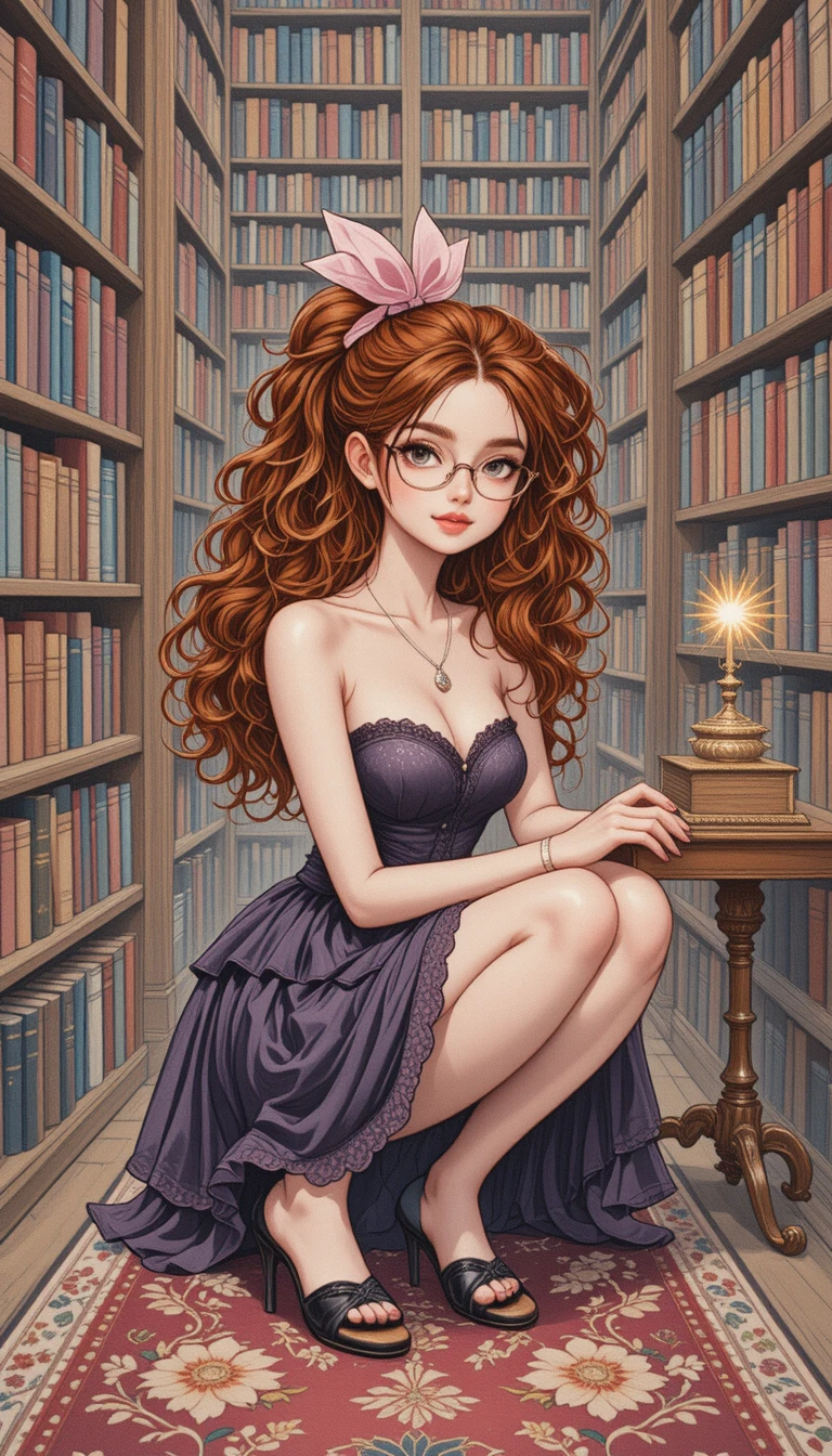 Garota de anime em biblioteca aconchegante com livro brilhante