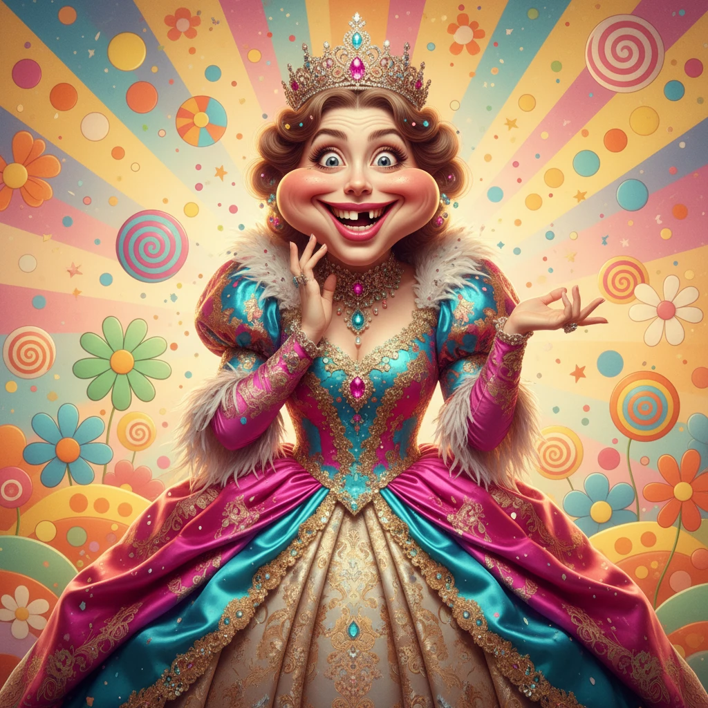 Mulher coroada e divertida em um vestido luxuoso com sorriso bobo