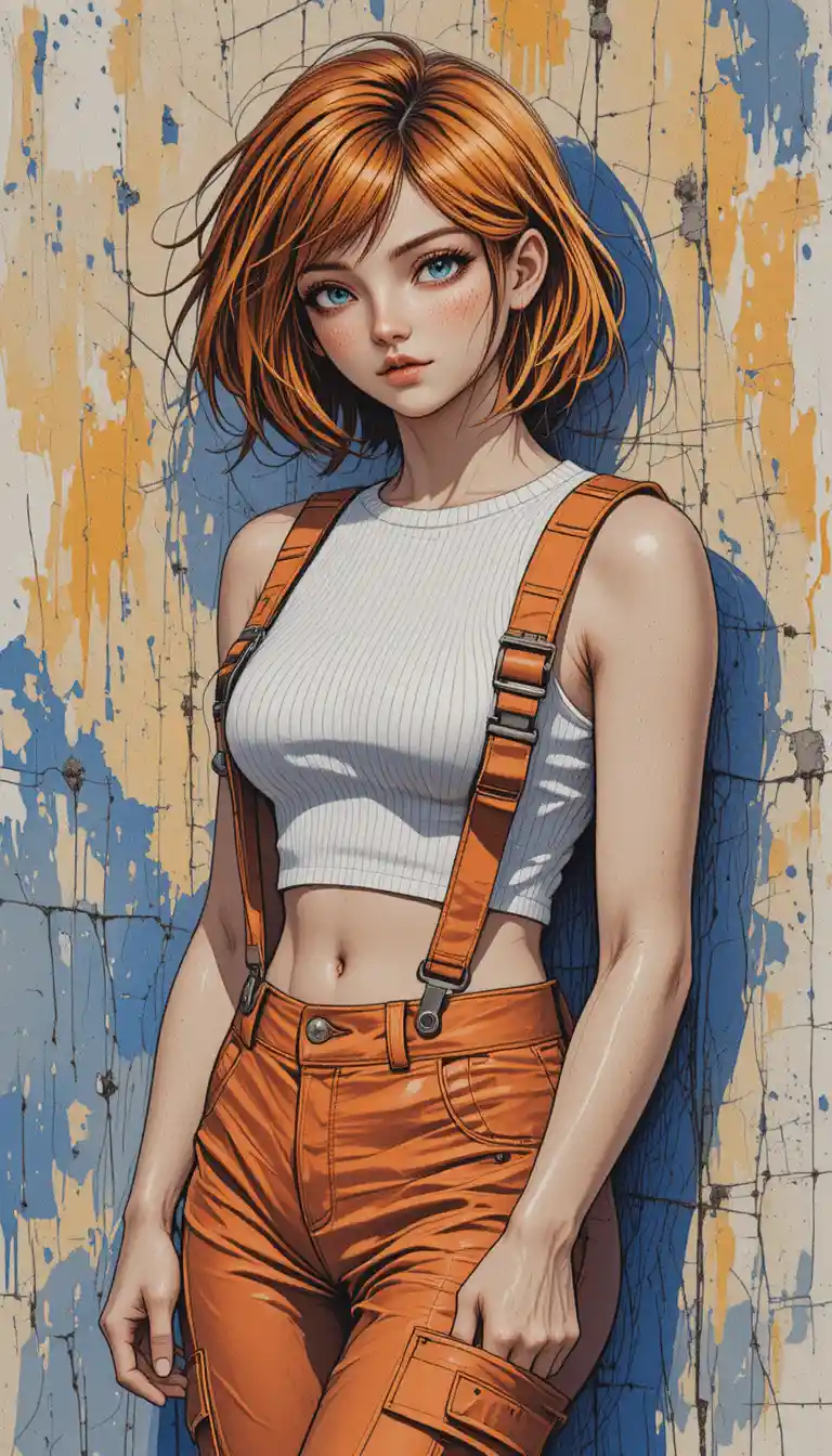 Mulher de anime com equipamento laranja contra parede de concreto áspera