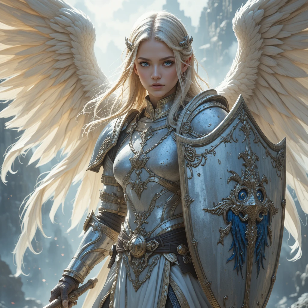 Blonde paladin white knight with sword and shield
