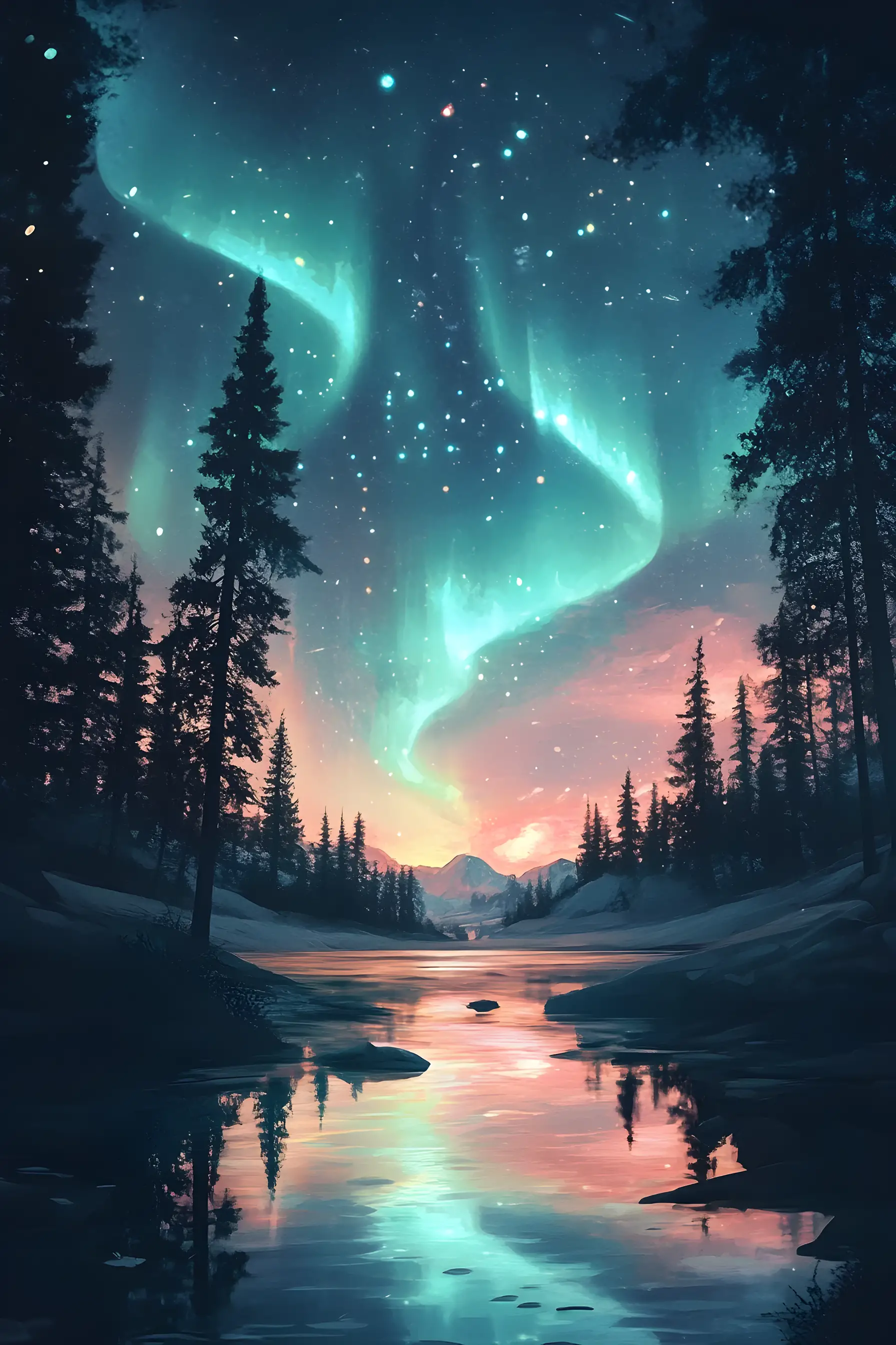 繁星夜空下照亮冰封大地的極光