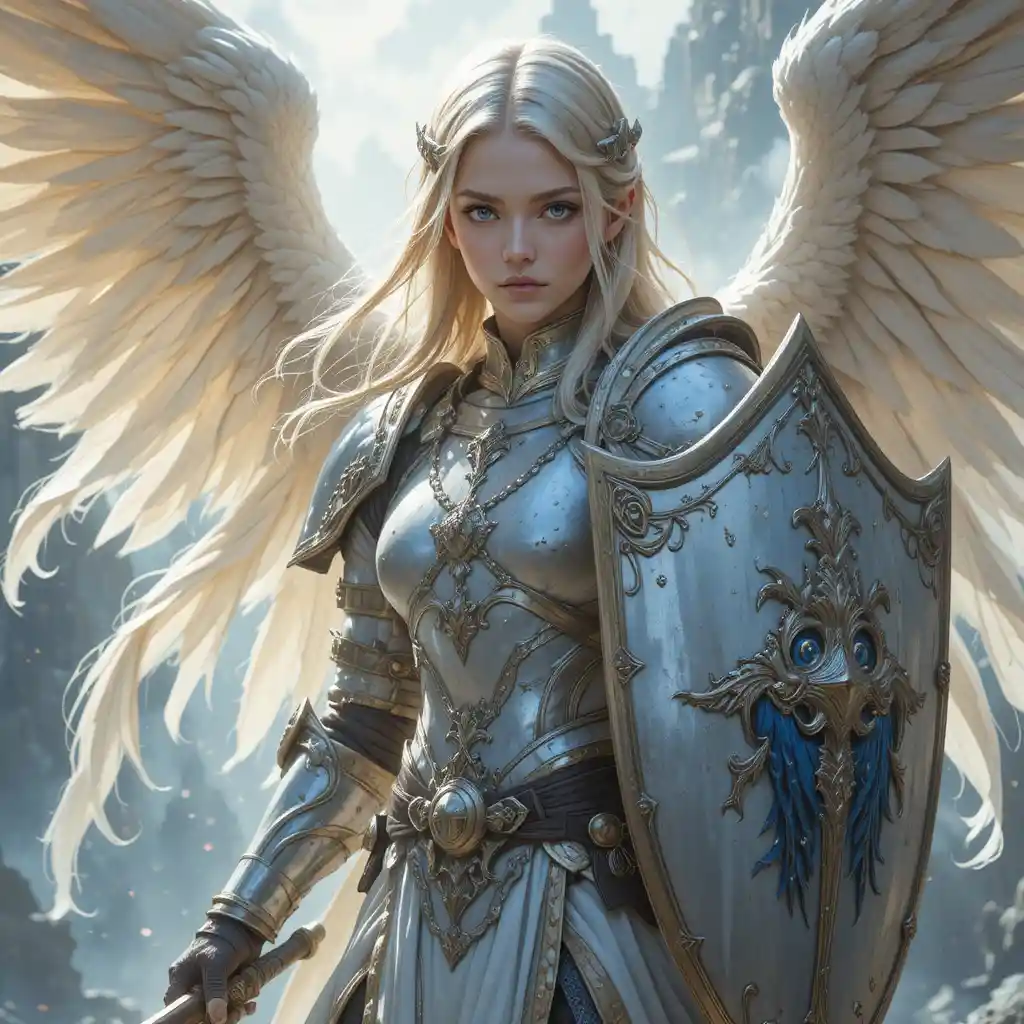 Blonde paladin white knight with sword and shield