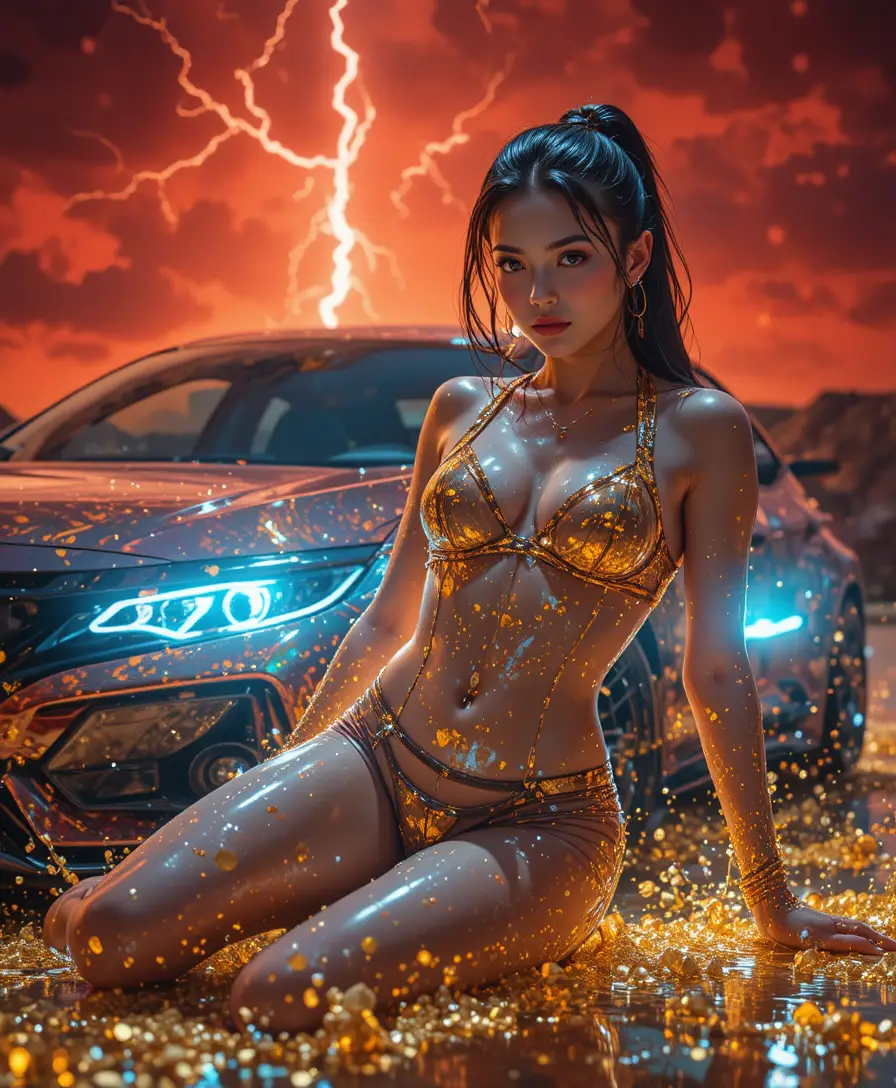 Futuristic female warrior posing before a stormy sky