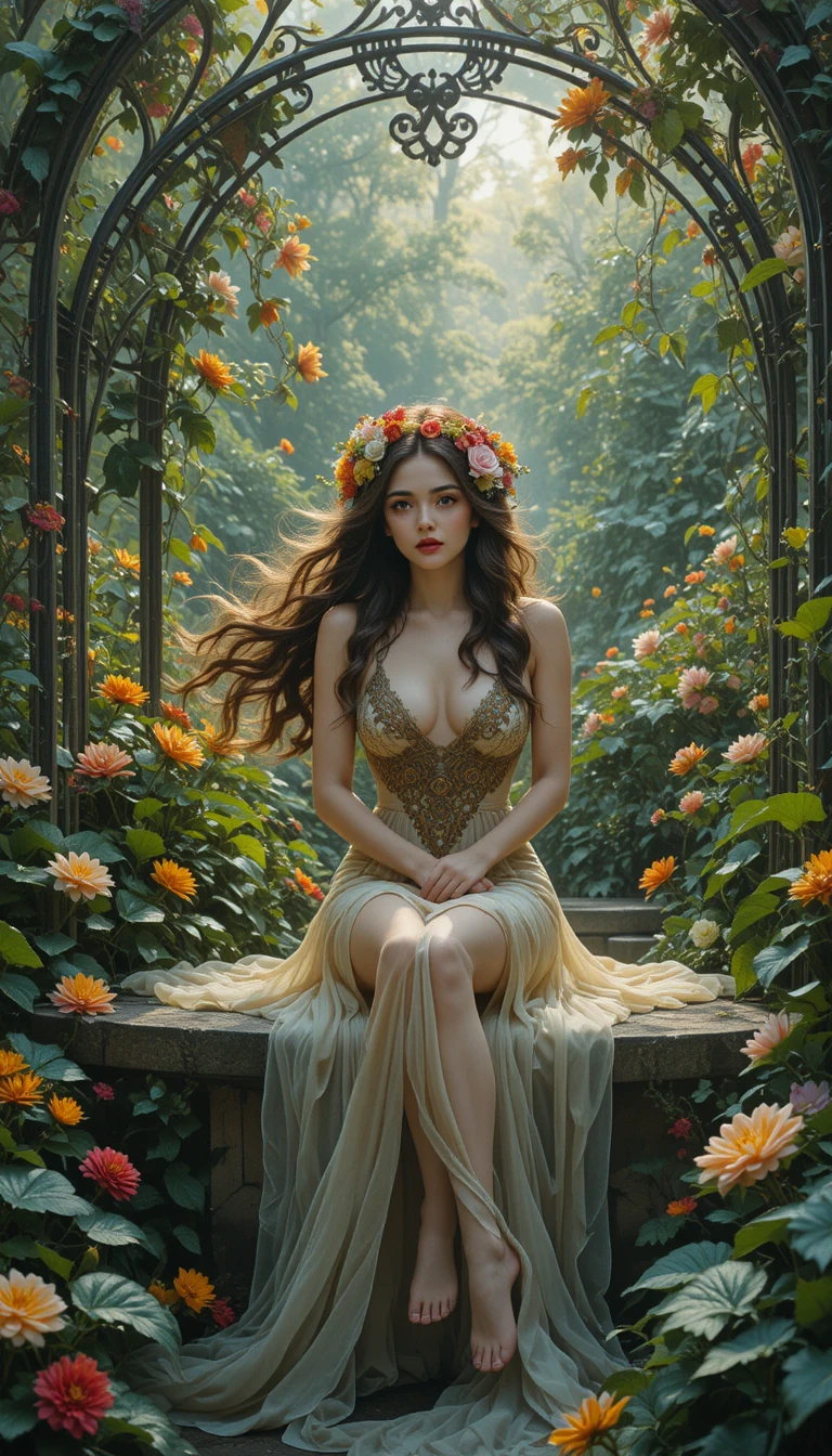 Donna con corona di fiori in un sogno di giardino art nouveau