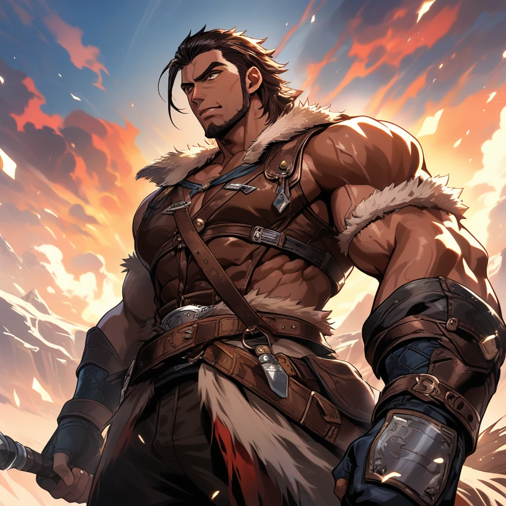 褐色肌のファンタジー戦士とモール・レザーアーマー