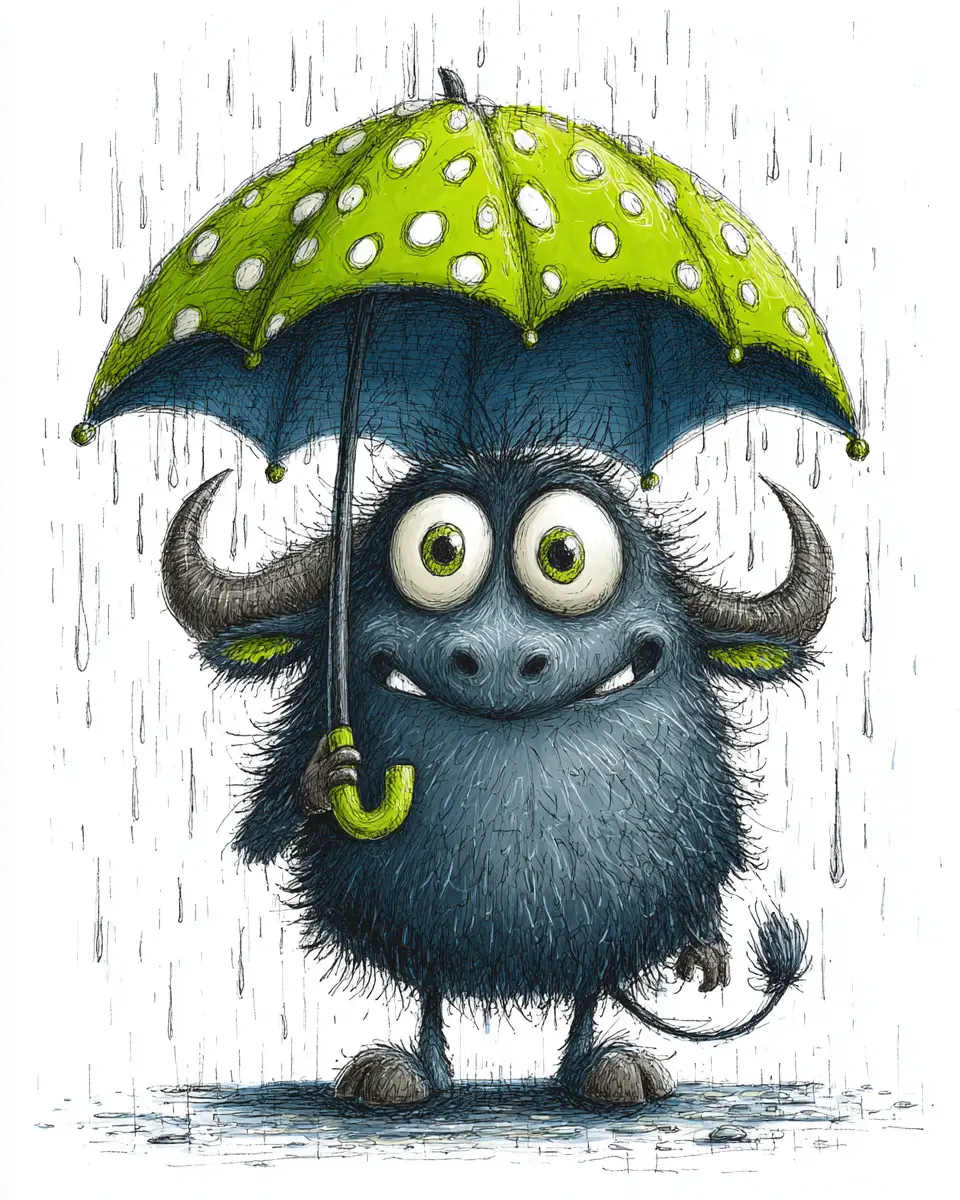Glückliches Baby-Büffel mit Regenschirm im Regen