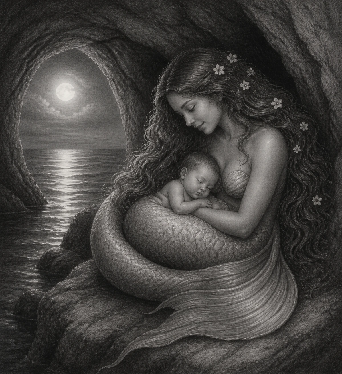 Dolce sirena che culla un bimbo addormentato in una grotta al chiaro di luna