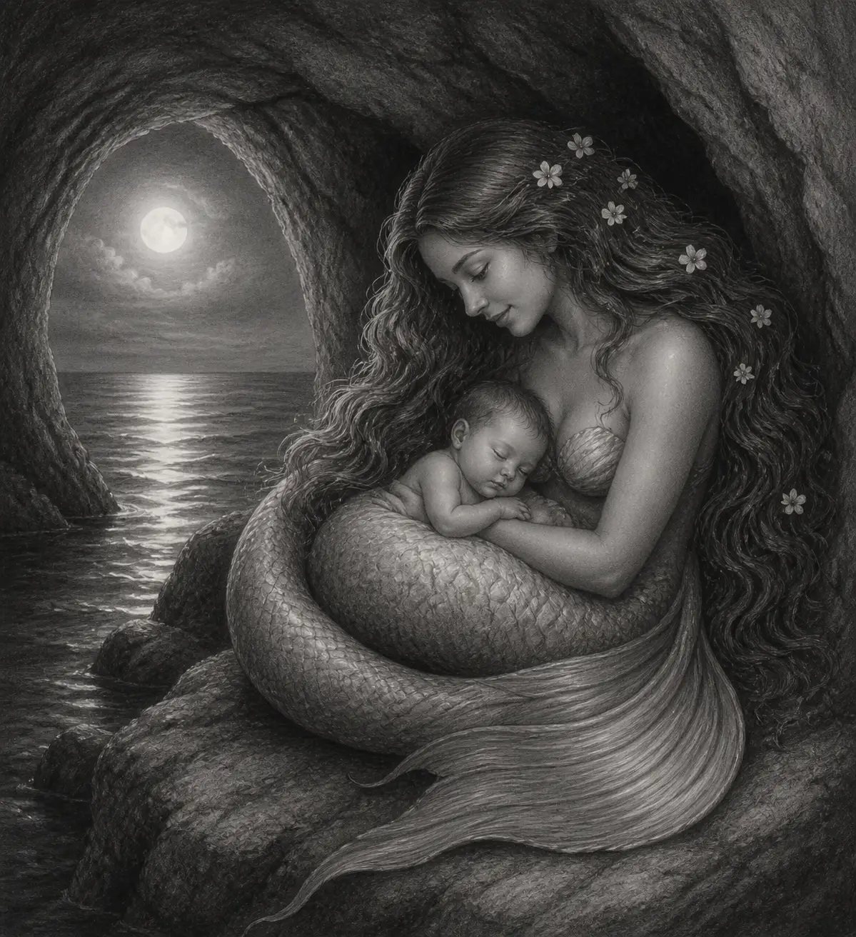 Tender mermaid cradling a sleeping baby in a moonlit cave