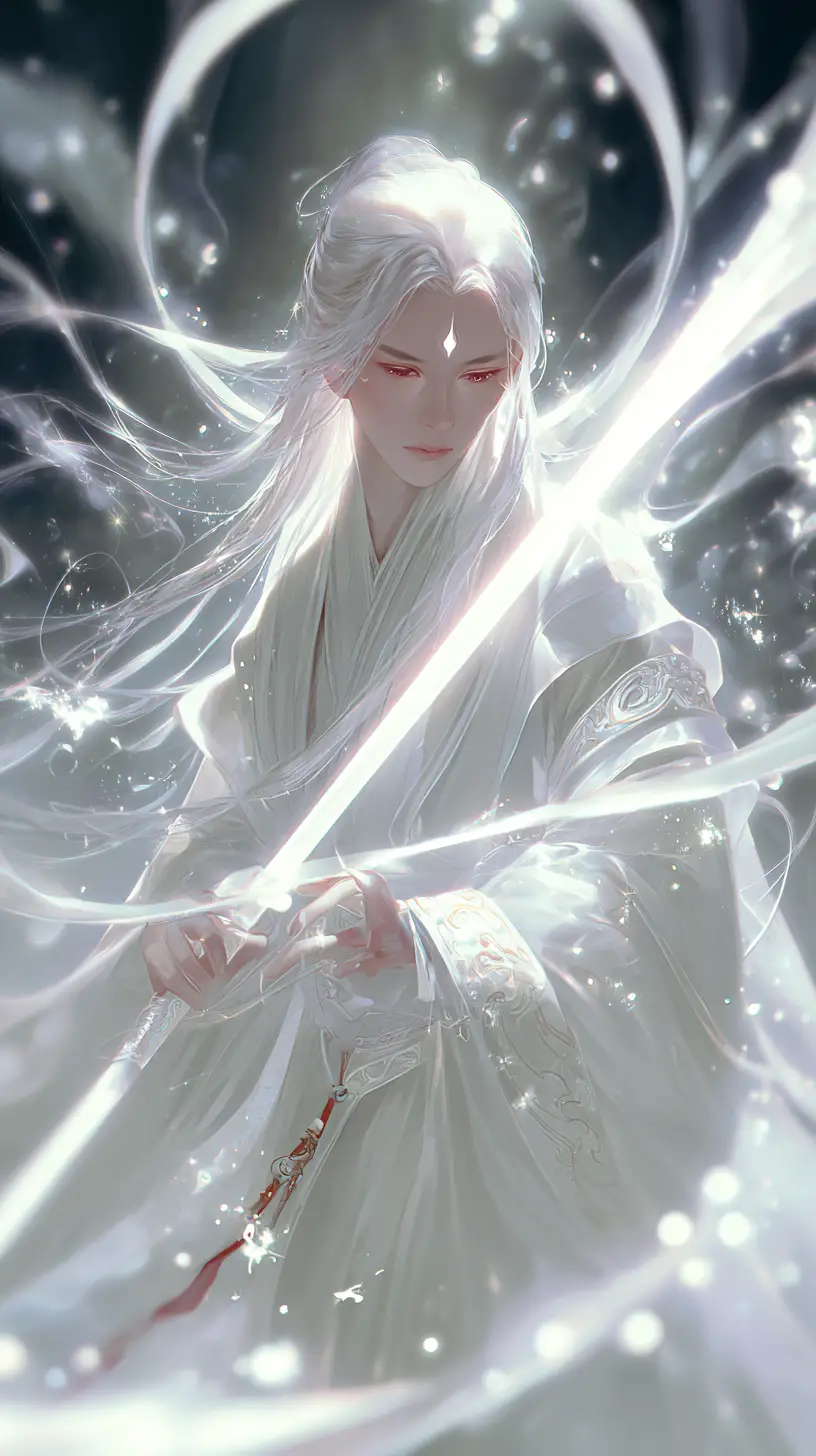 Celestial swordmaiden in swirling ethereal light vortex