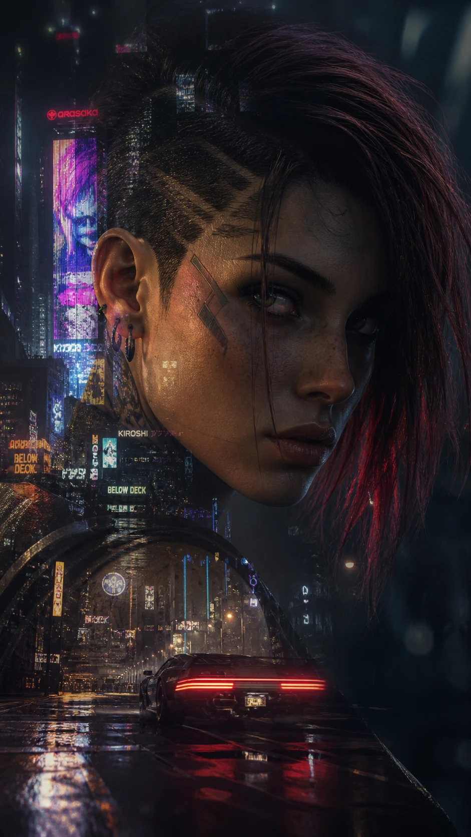 Double exposure portrait of a woman and neon cityscape