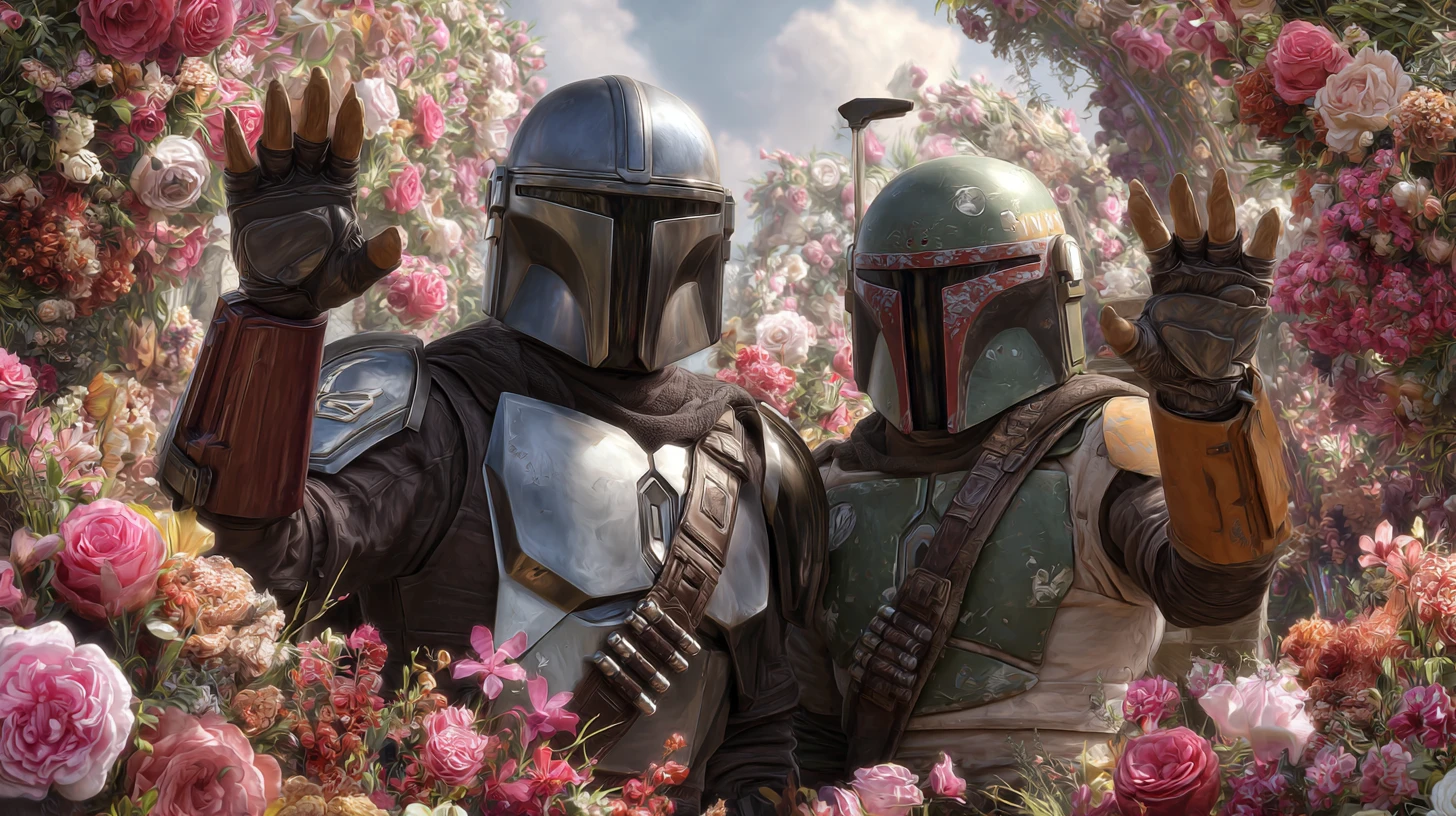 Guerreiros blindados acenando em um exuberante caramanchão de flores primaveris
