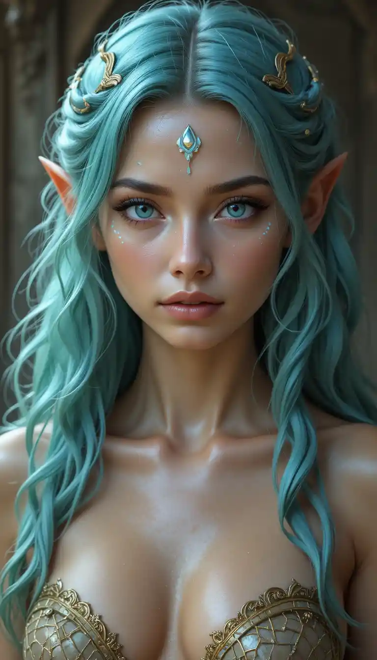 Elegante sirena dai capelli verde blu in un mondo fantastico