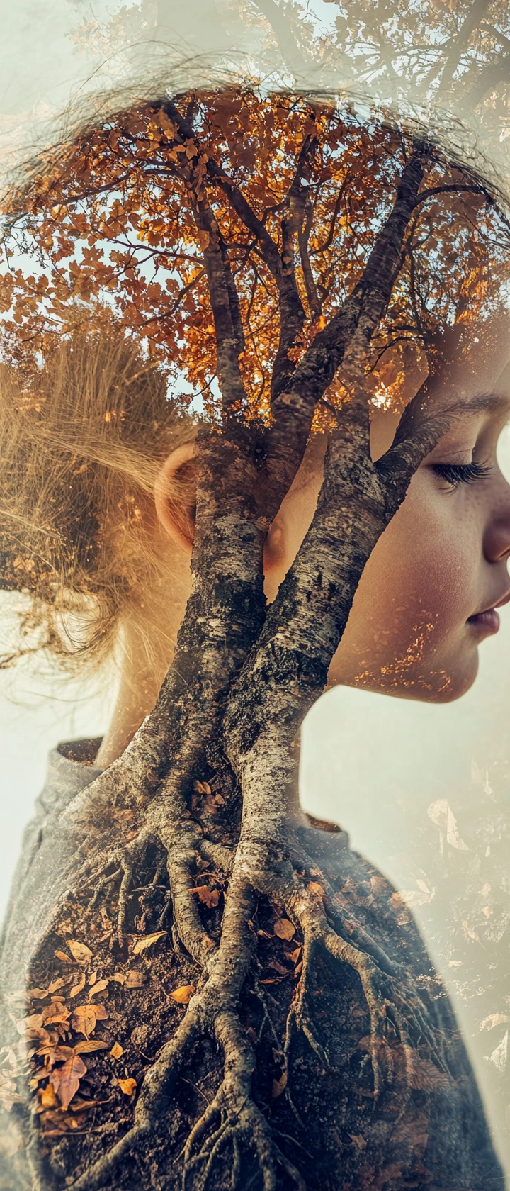 Portrait en double exposition d’enfants avec des silhouettes de forêt d’automne