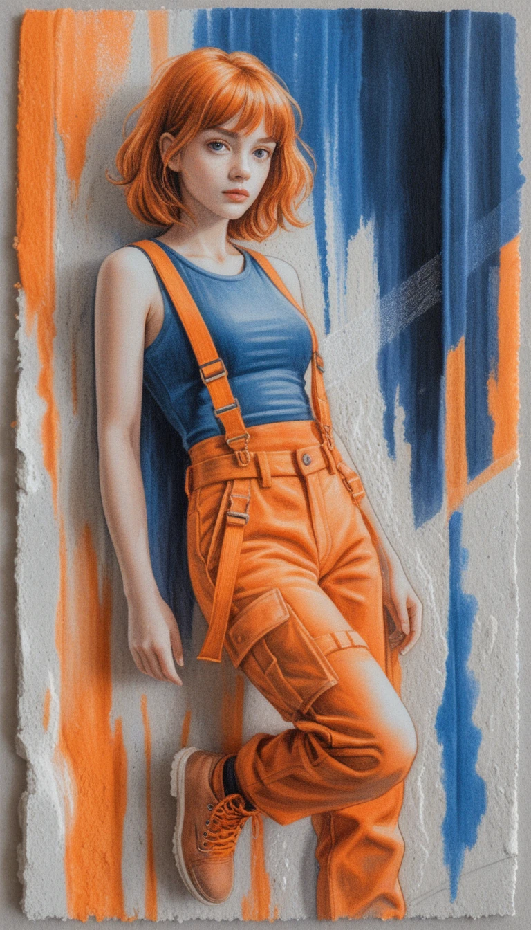 Mulher em estilo anime com traje tático contra parede de concreto