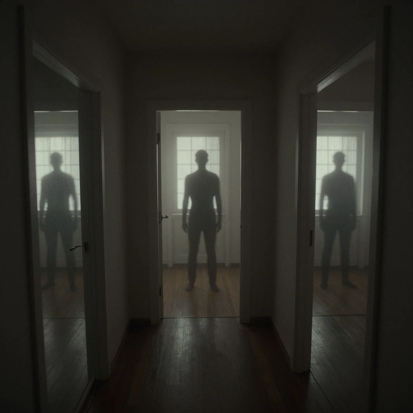 Vue à la première personne dans de calmes couloirs de maison avec silhouettes