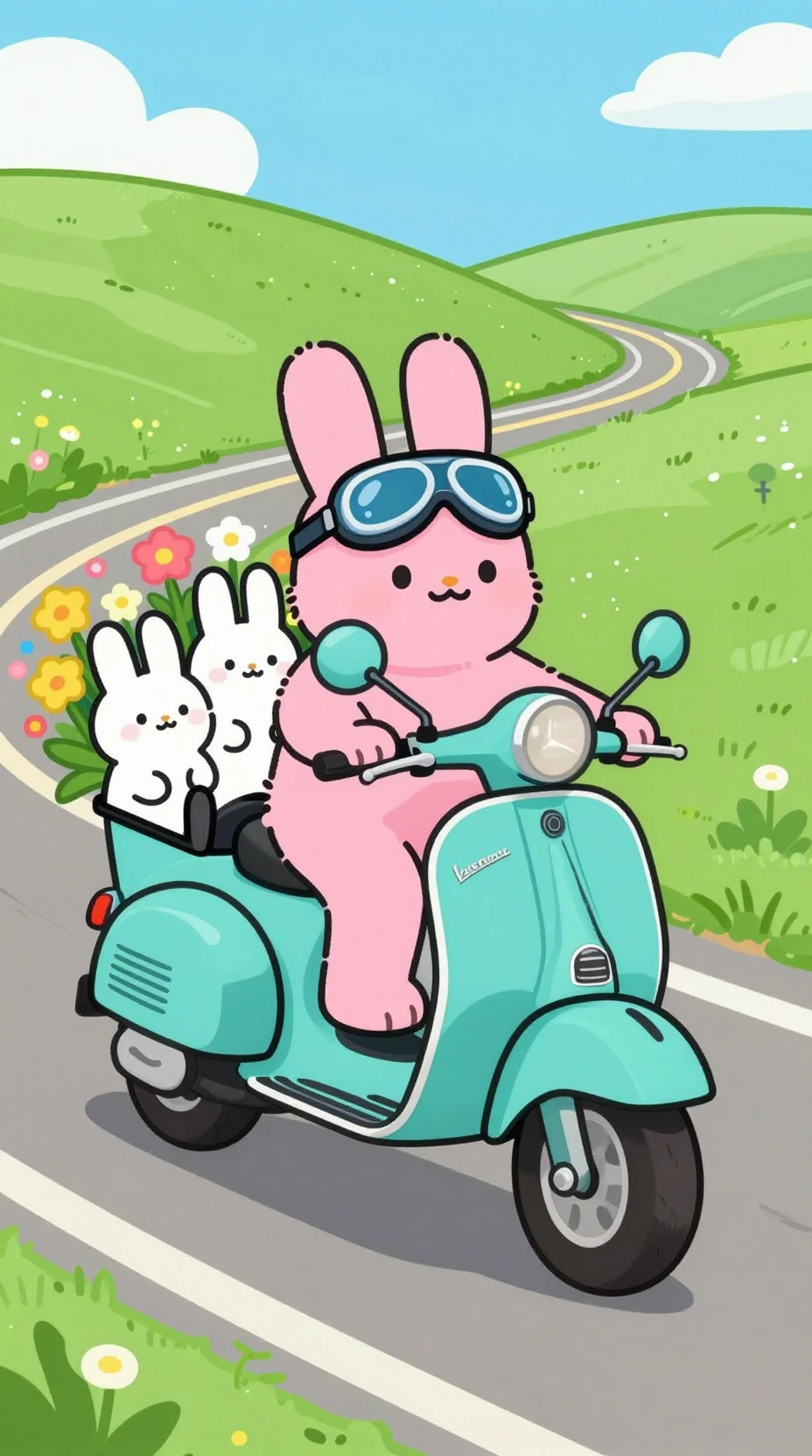 Coelho rosa dirigindo uma scooter turquesa com amigos brincalhões