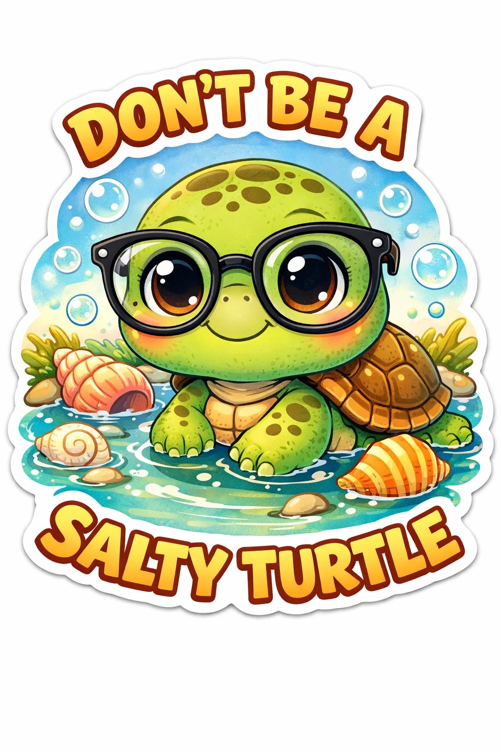 Illustrazione di una dolce tartarughina con gli occhiali in una pozza di marea