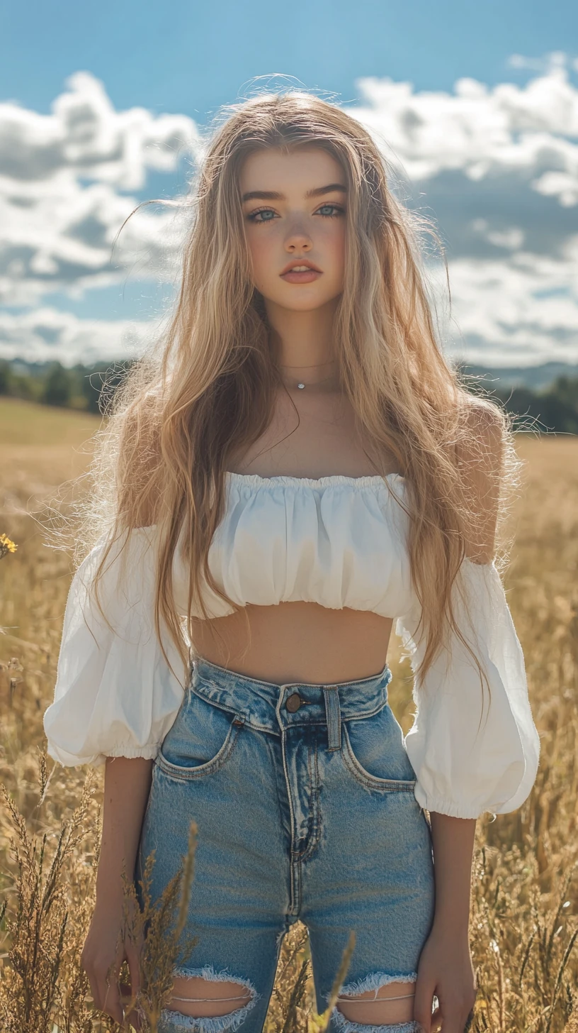 Jovem loira de macacão jeans em um campo ensolarado