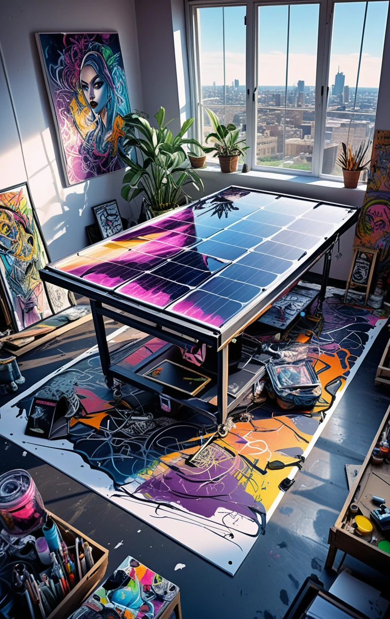 Atelier d’artiste en loft sombre avec toile centrale et fournitures
