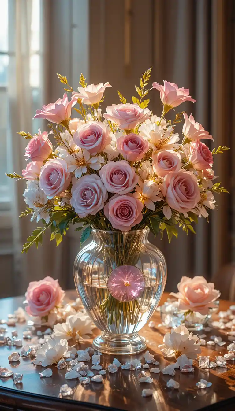 Glasrosen in einer herzförmigen Vase im warmen goldenen Licht