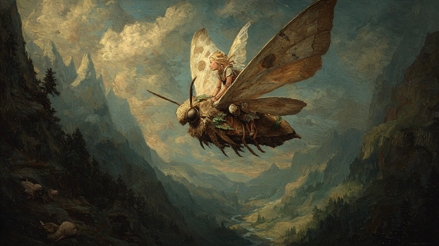 Esprit de la forêt chevauchant un papillon de nuit magique à travers une vallée de montagne