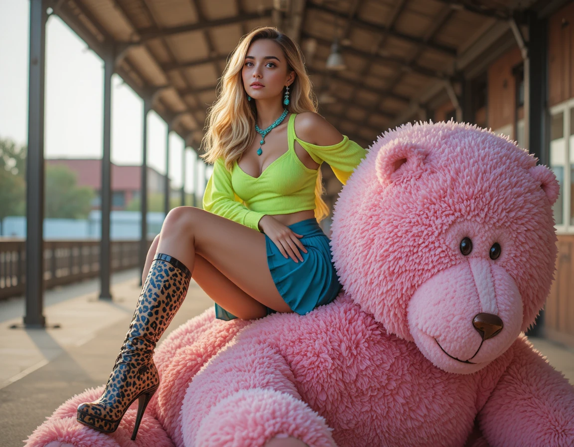 Jovem em moda neon sentada em um ursinho de pelúcia rosa