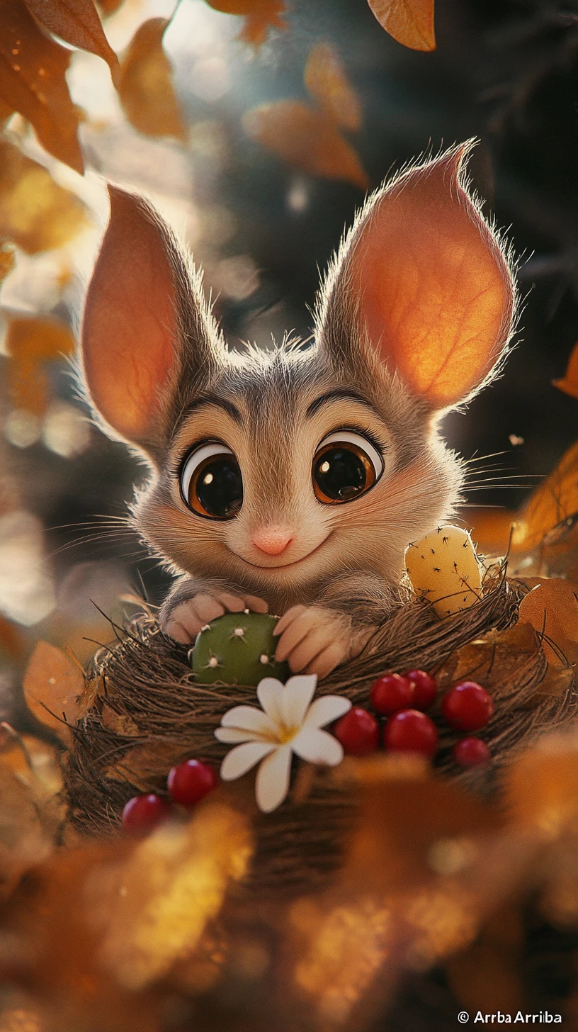 Rato de desenho animado sorridente em cena de inverno segurando um cacto
