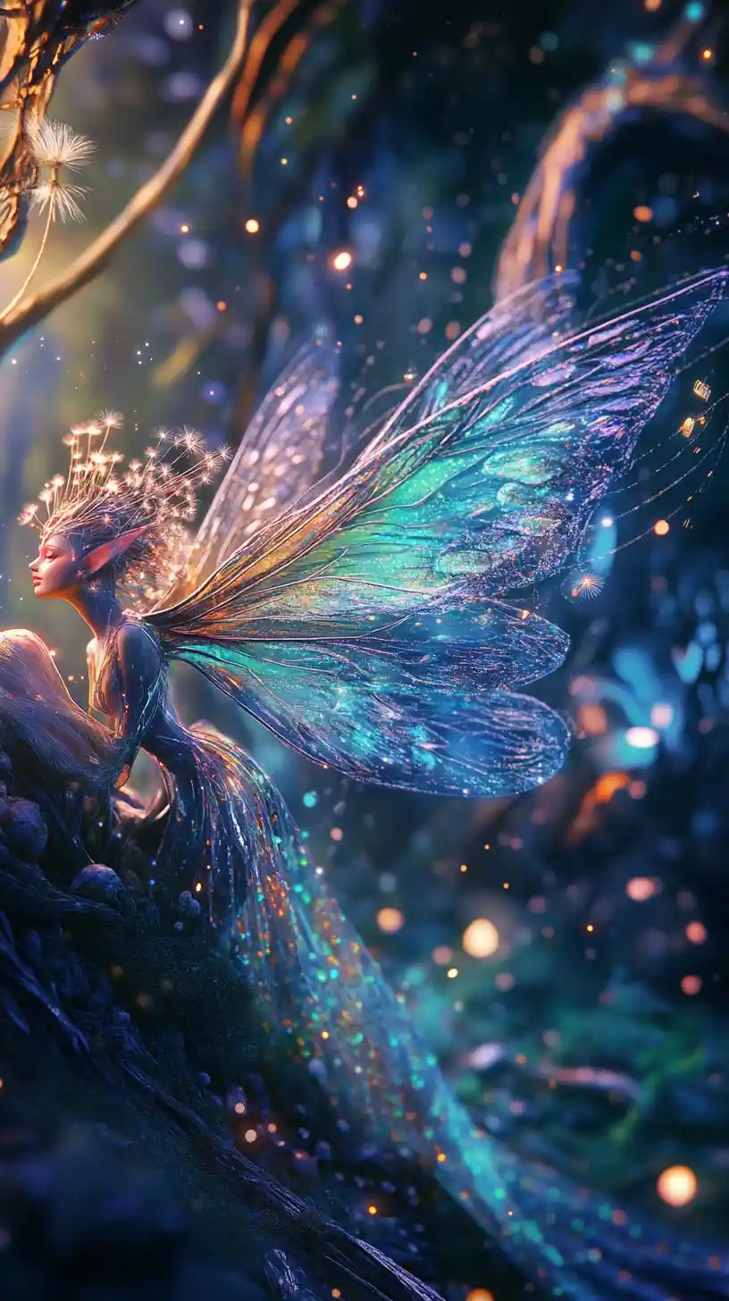 Celestial woodland elf dancing in glowing ancient forest